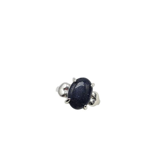 Navy Blue Goldstone Oval Shape Ring Size 8.75 Silver Tone Vintage - Picture 1 of 5